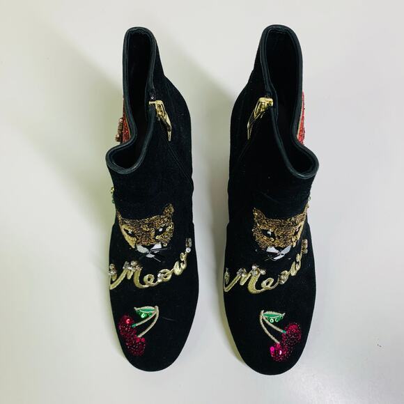 KATE SPADE Boots Liverpool Suede Ankle Love Cat Meow Cherry Sequin Embellished - Picture 4 of 11